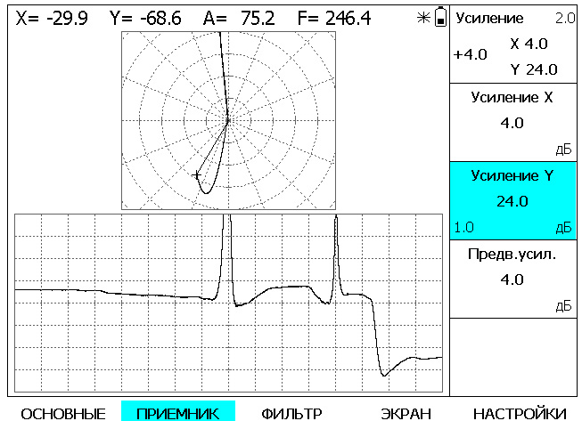 Отображение сигнала на экране вихретокового дефектоскопа в амплитудном режиме